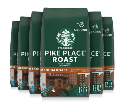 Starbucks Ground Coffee, Medium Roast Hot or Iced Coffee, Pike Place Roast, 12 oz Bags