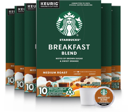 Starbucks K Cup Coffee Pods Medium Roast Hot or Iced Coffee Breakfast Blend 10ct