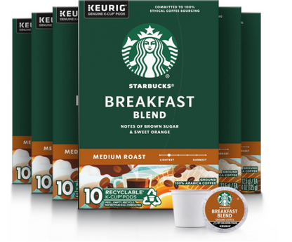 Starbucks K Cup Coffee Pods Medium Roast Hot or Iced Coffee Breakfast Blend 10ct