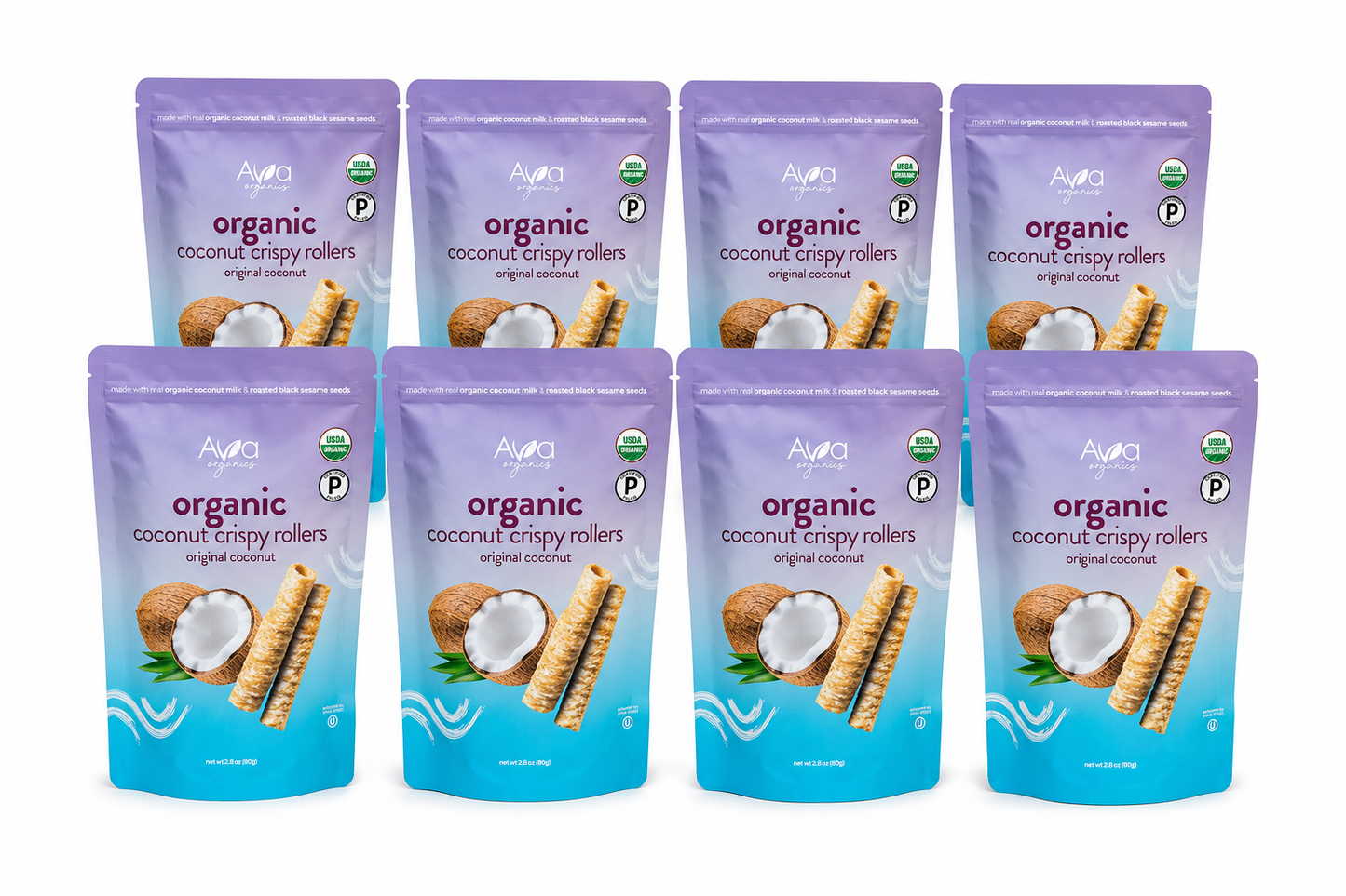 Cinnamon Coconut Crispy Rollers Ava Organics, Gluten Free, Kosher, 8 Pack Vegetarian, Paleo certified, Lightly sweetened, Baked not fried