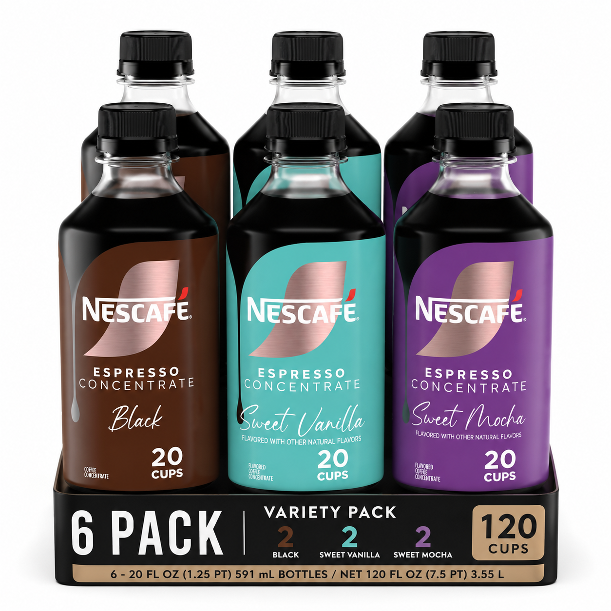 NESCAFÉ Espresso Concentrate Variety Pack | Black, Vanilla & Mocha | 6 Bottles (2 Each Flavor)