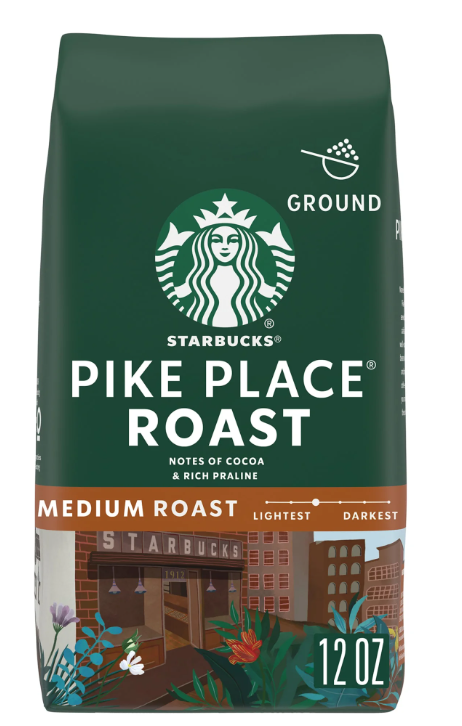 Starbucks Ground Coffee, Medium Roast Hot or Iced Coffee, Pike Place Roast, 12 oz Bags