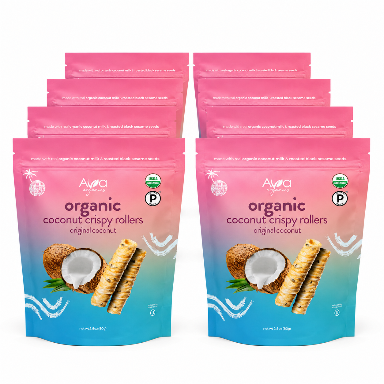 Original Coconut Crispy Rollers Ava Organics, Gluten Free, Kosher, 8 Pack | Non-GMO, Vegetarian, Paleo certified, Lightly sweetened, Baked not fried, Whole food ingredients, No refined sugar