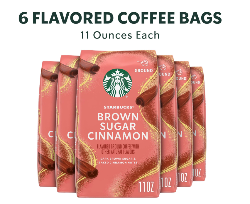Starbucks Brown Sugar Cinnamon, Hot or Iced Coffee, Flavored Ground Coffee, 11 oz (6 pack)