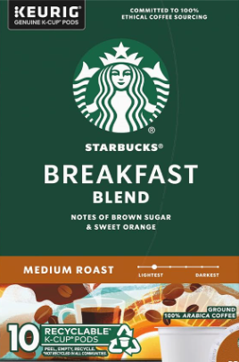 Starbucks K Cup Coffee Pods Medium Roast Hot or Iced Coffee Breakfast Blend 10ct